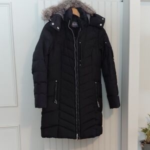 Eddie Bauer Black Puffer Jacket with Faux Fur Trim
